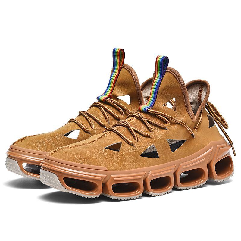 

Мужская обувь Кожаные ажурные полые сандалии Новые мужские повседневные туфли Дышащие амортизирующие кроссовки для бега Модные кроссовки 46 коричневый