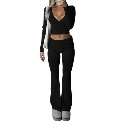 Autumn Women Deep V Neck Flared Pants Sport Casual Set For Women