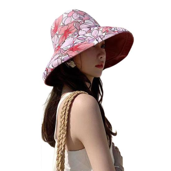 Bucket Hat Reversible Double-Sided Wearable Fisherman Hat with Large Brim Built-In Soft Steel Wire Adjustable Windproof Rope Sun Blocking Hat