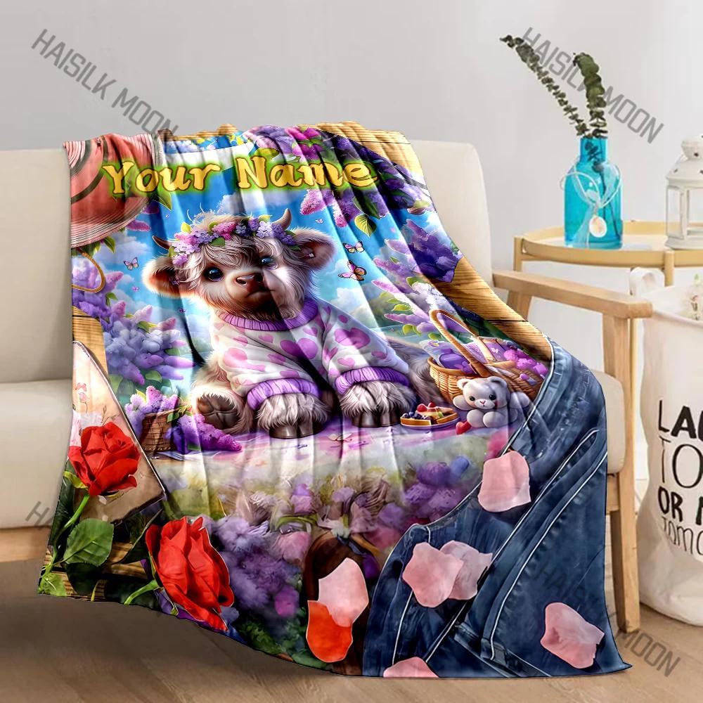 1PC Personalized Custom Names Highland Cattle and Flowers Print Blanket for Home Sofa, Outdoor Travel Camping Beach Blanket