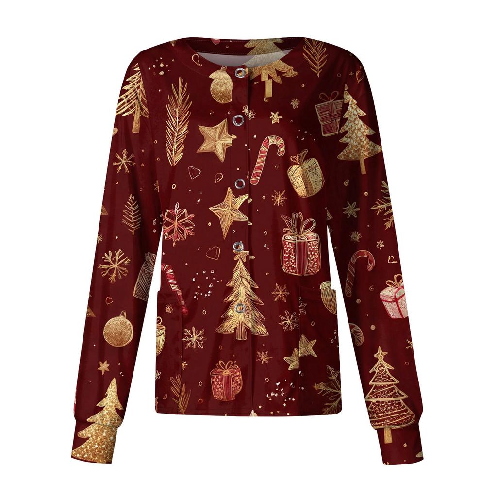 Women's Casual Long-sleeved Single-breasted Christmas Printed Protective Clothing Cardigan Top