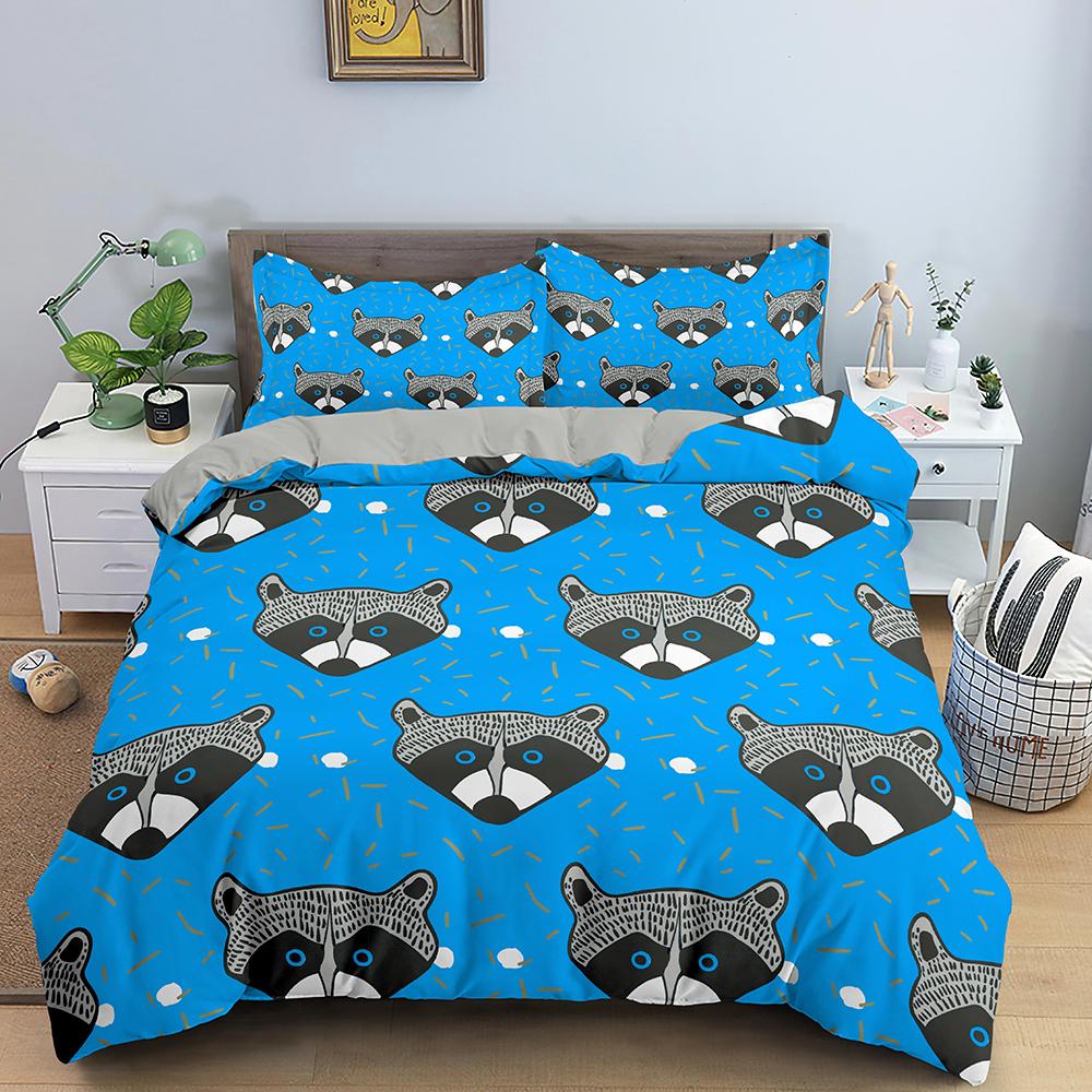 Raccoon Duvet Cover Set Grey Black Wild Animals Colourful Background King Queen Size Comforter Cover Polyester For Kids Boy Girl
