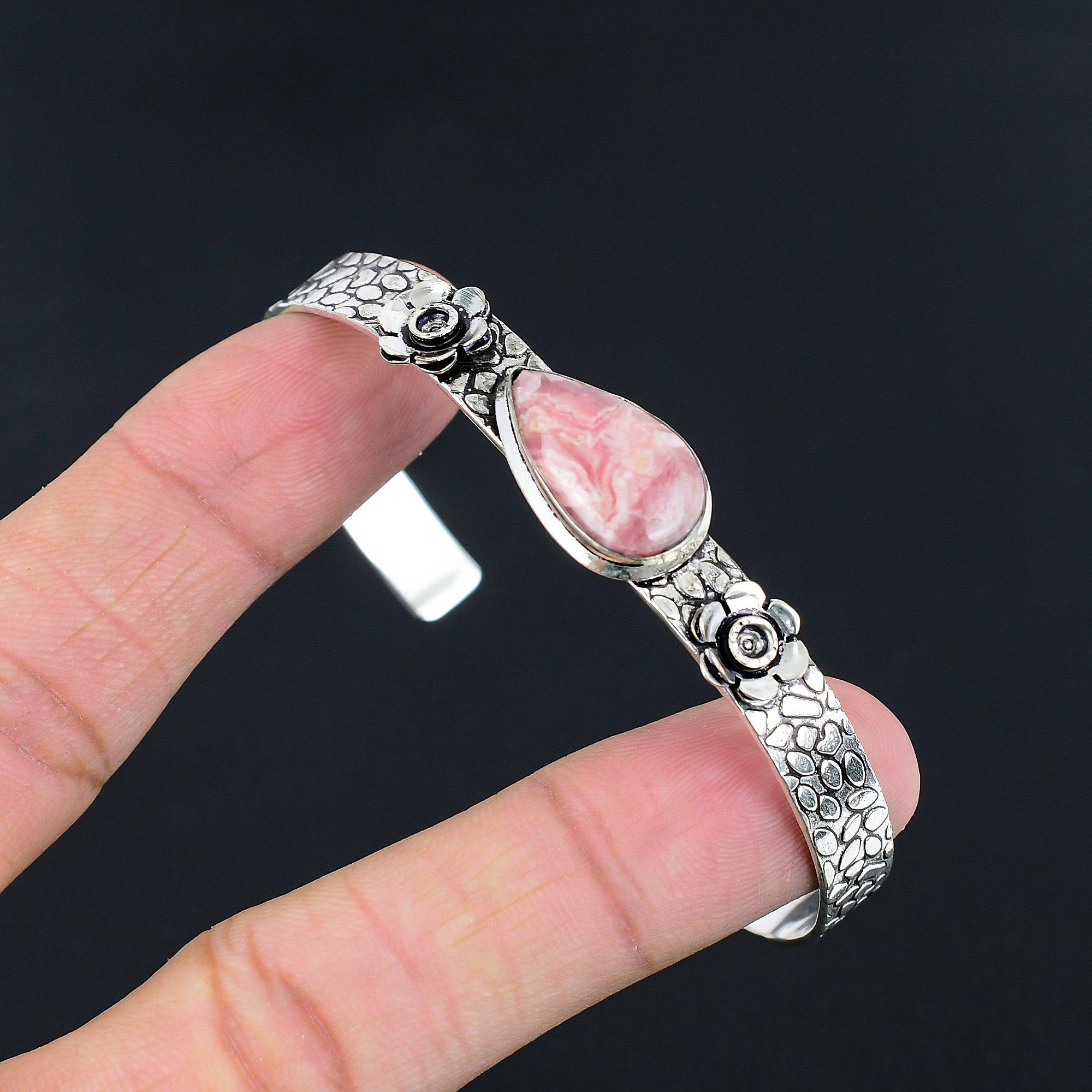 

Daughters Day Deal Rhodochrosite Stone 925 Sterling Silver Flower Bangle Jewelry Adjustable