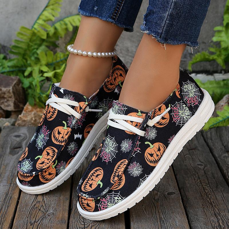 Fashion Women's Pumpkin Print Flat Loafers Lightweight Comfortable Lace Up Canvas Shoes Woman Halloween Style Soft Non Slip Casual Shoes