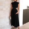Lady Prom Dress Pleated Sleeveless Solid Color Stand Collar Hollow Out Dress-up Mid-calf Length Wedding Party Women Banquet Dress Female Clothing
