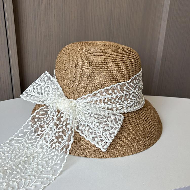 Sommer Neuer Strohhut Damen Perlenband Große Krempe Sonnenhut Retro Hepburn Wind Sonnenschutz Strandhut M（56-58cm） khaki