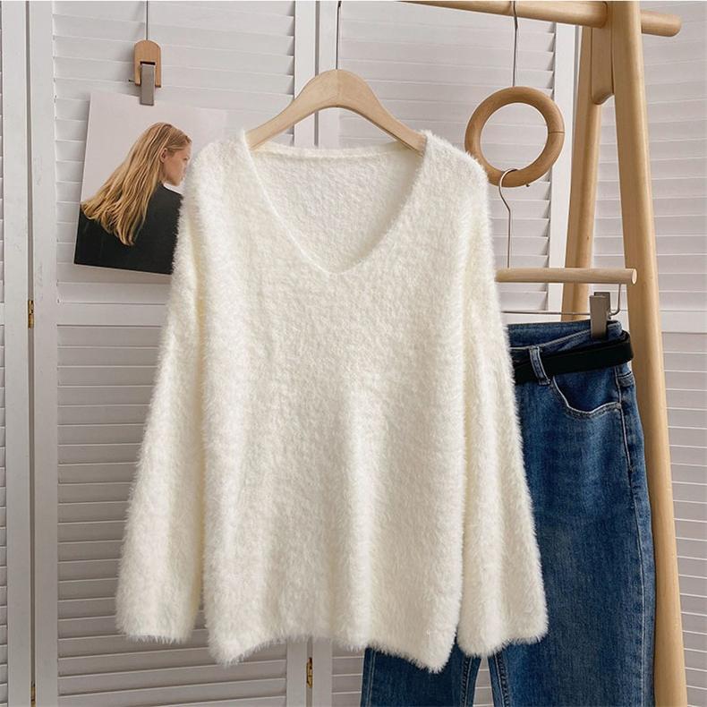 

Женский свитер из искусственного меха норки, осенне-зимний, свободный, однотонный пуловер, модная трикотажная рубашка с длинным рукавом XL бежевый