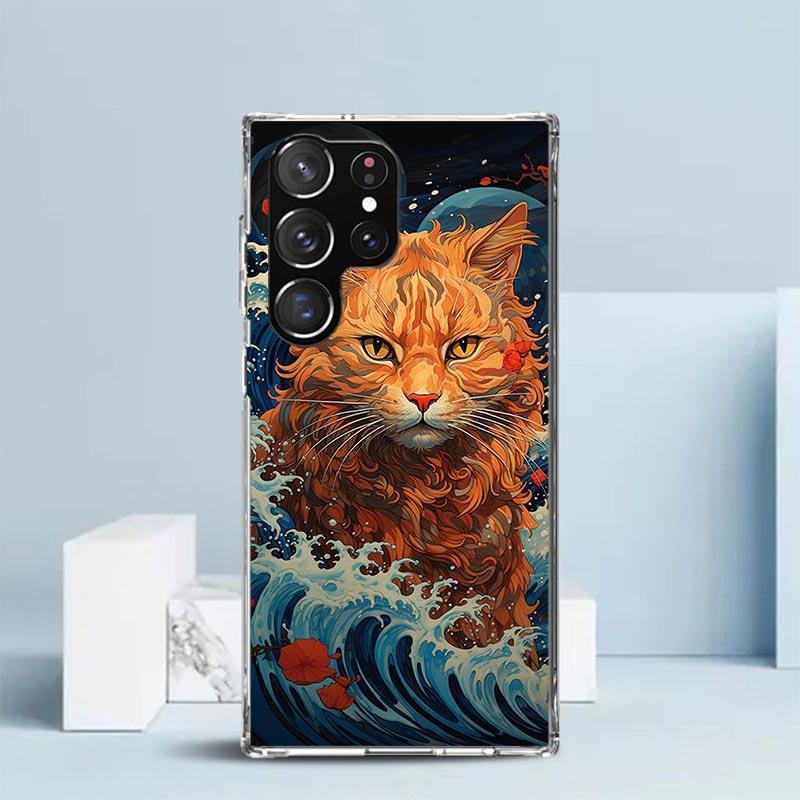 Anime Cat Sea Wave Aesthetic Phone Case For Samsung Galaxy S24 S25 Edge S26 Ultra S22 S23 Plus S21 + S20 FE Soft TPU Back Cover