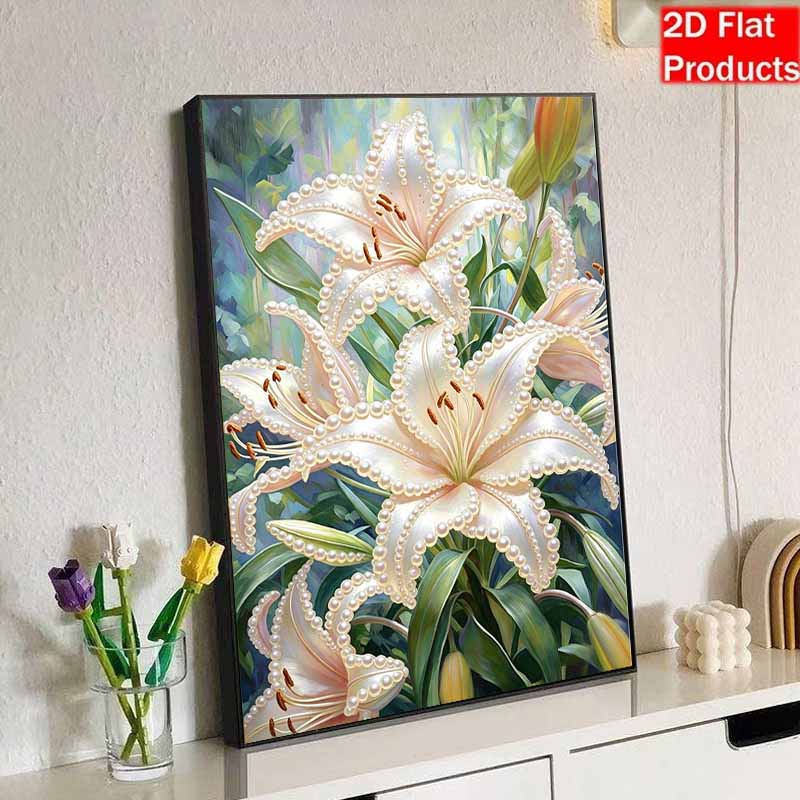 DIY Frameless Pearl Painting Kit Elegant White Lily Flowers 3D Shiny Bead Art Canvas Relaxing Craft for Adults Home Wall Decor Gift
