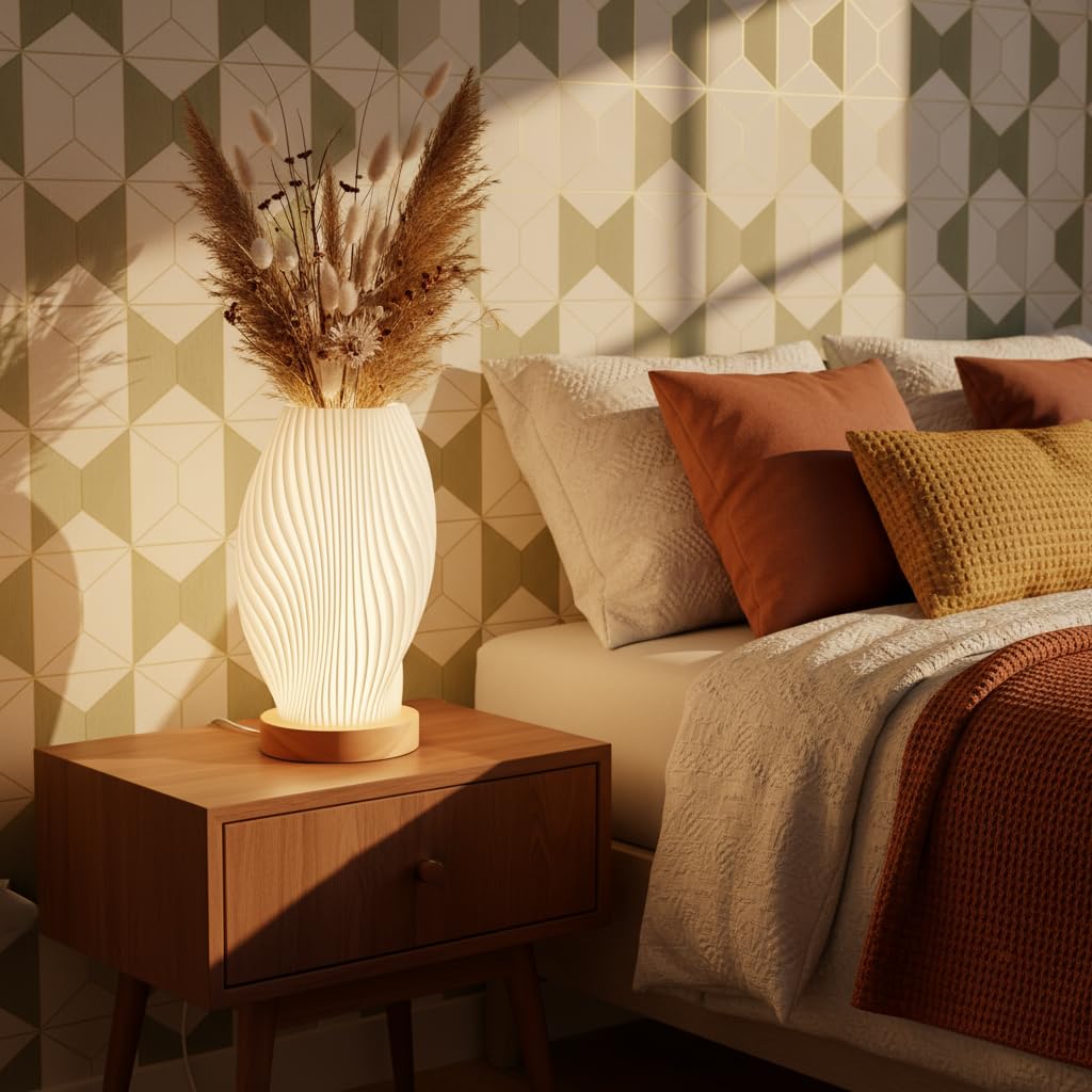 Tafunker Modern Table Lamp with Wooden Base, Decorative Mesh Pattern, Warm White Light for Bedside (Wave Pattern, Large)