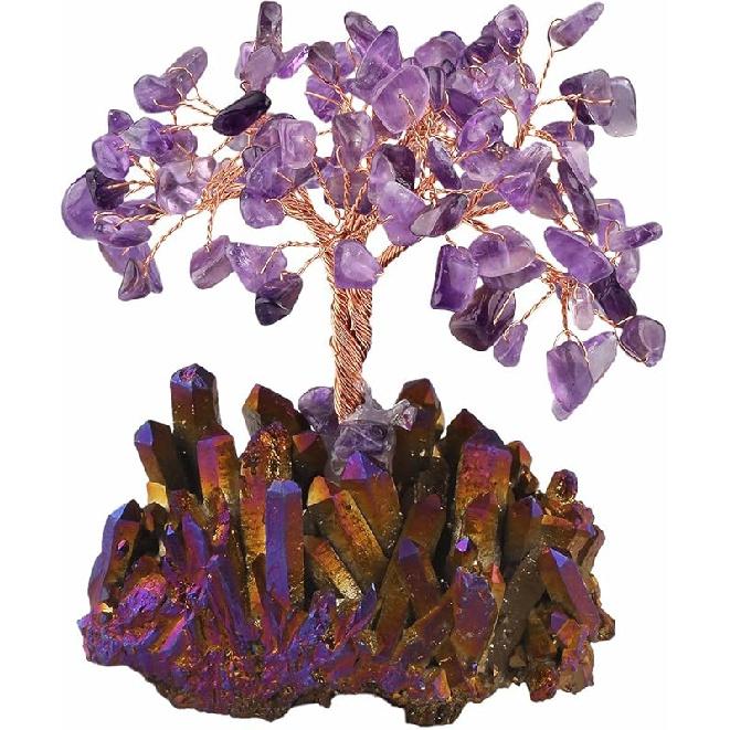 mookaitedecor Amethyst Crystal Tree, Quartz Cluster Rainbow Titanium Crystals Base Bonsai Money Tree for Wealth and Luck