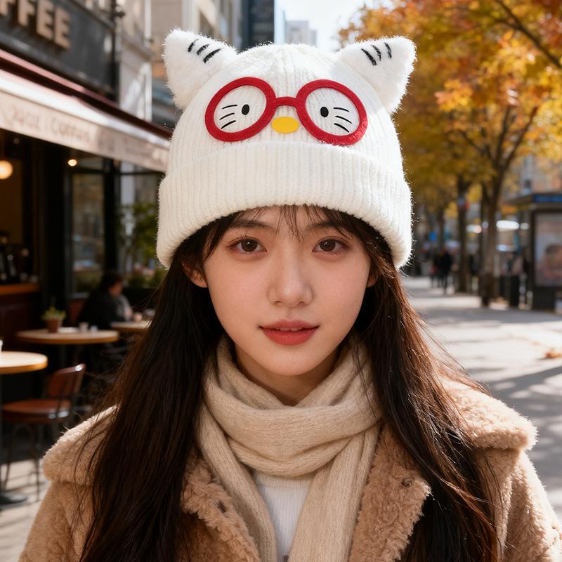 New Cute Glasses Cat Ears Hat for Women Autumn and Winter Warm Ear Protection Knitted Hat Showing Face Small Woolen Cold Hat