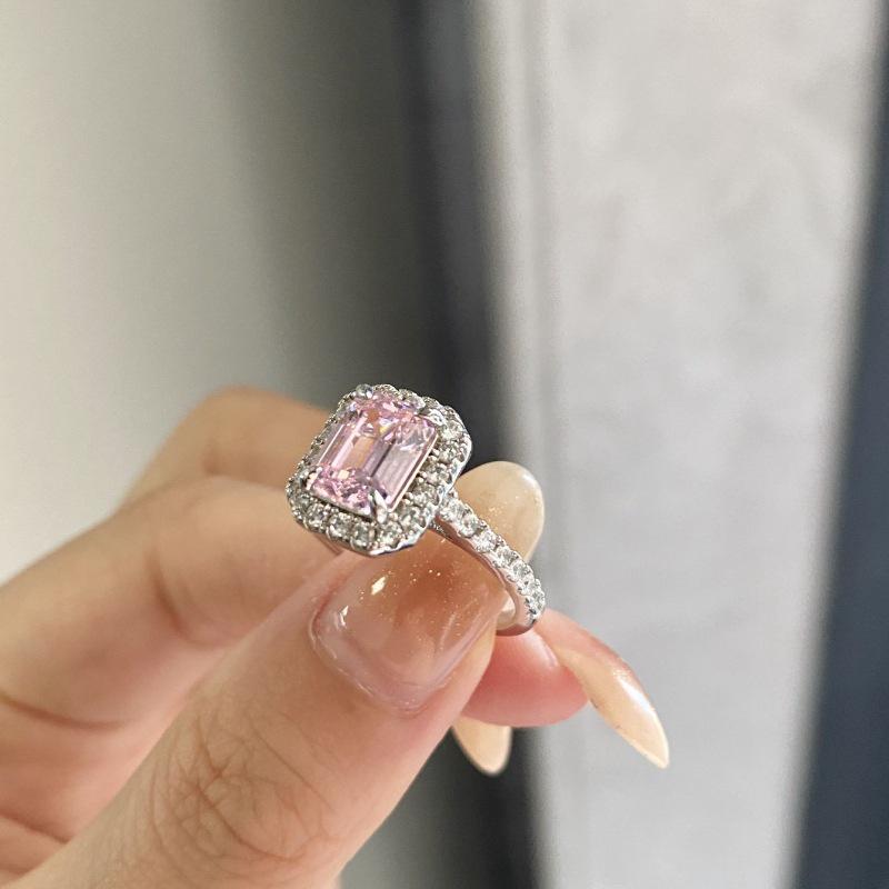 S925 Sterling Silver Pink Square Gemstone Ring for Women - 2 Carat with High-Carbon Cubic Zirconia.