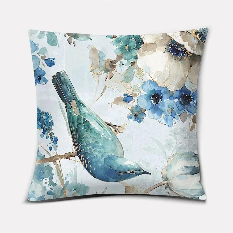 Blue Floral  Bird Patterned Pillow Covers Pattern Cushion Cover Suitable For Sofa Bedroom Car Pillow Cover