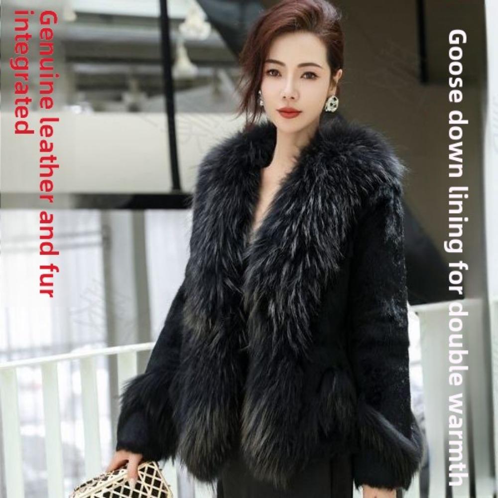 Fur Mid-length Whole Leather Rabbit Fur Coat White Goose Down Lining Raccoon Fur Collar New Autumn and Winter Coat