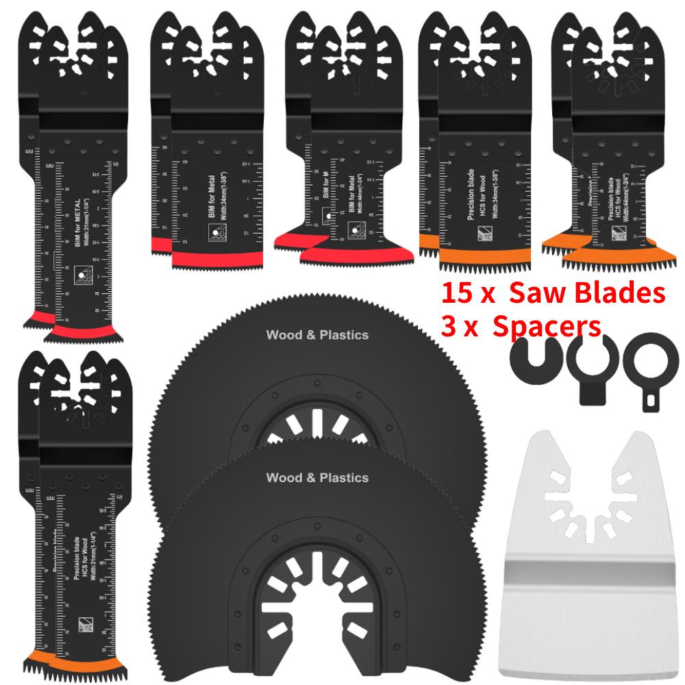 

15 шт. Набор лезвий для мультиинструмента, осциллирующих пильных полотен, многофункциональные пильные полотна для реноватора, силовые инструменты, насадки для резки дерева, пластика