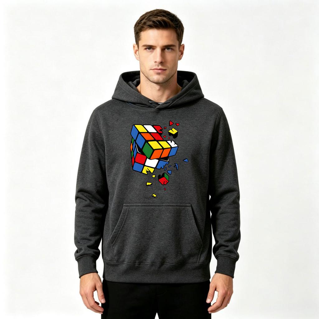 Men's Casual Pullover Hoodie, Shattered Magic Cube Graphic Print Long Sleeve Hooded Sweatshirt for Daily Wear