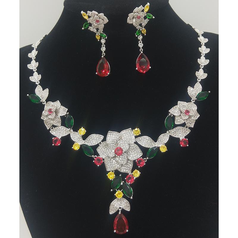 Luxury Camellia Bridal Zircon Necklace Earrings Set Gala Wedding Dress High-end Jewelry Ladies