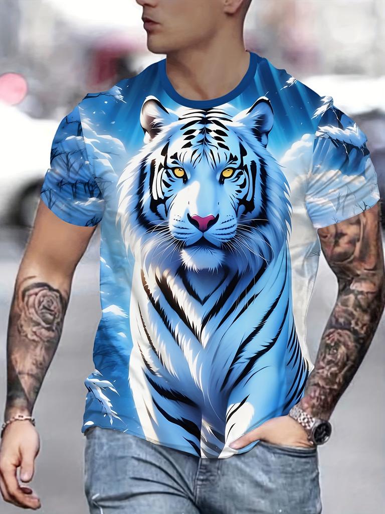 Men'S 3D Tiger Print T-Shirt, Casual Crew Neck, 100% Polyester Knit Fabric, Slight Stretch, Regular Fit, 110gsm - Stylish & Comfortable