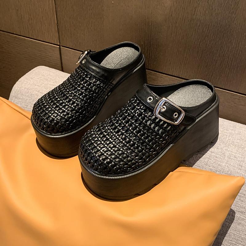 Fashion New Women's Platform Slip-On Sandals Thick Sole 8.5CM High Heels Summer Weave Leather Breathable Outdoor Walking Slippers