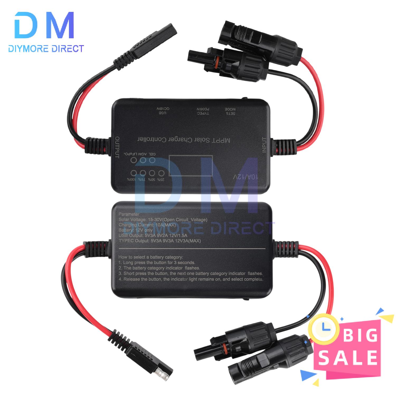 

12V 10A MPPT Solar Charge Controller for Lead Acid Gel LiFePO4 Battery 3-Stage Charging Overcharge Protection USB QC18W Type C