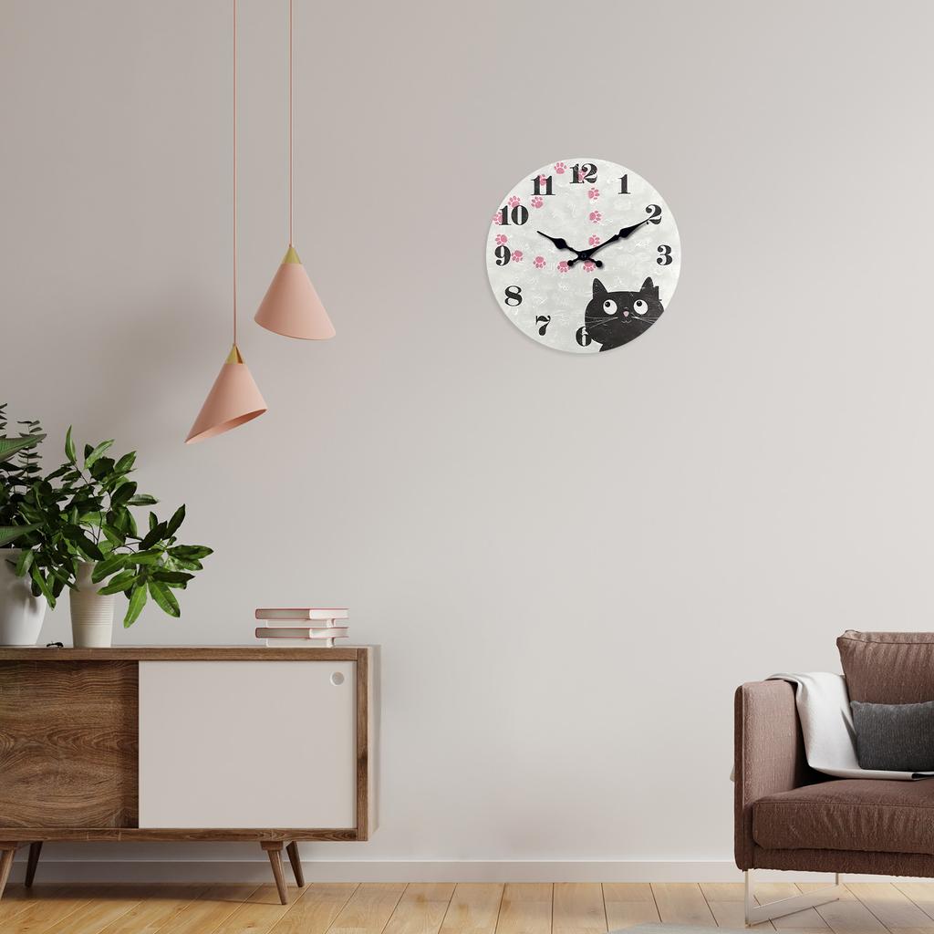 Personalized Cute Black Cat Paw Print Heart Pattern Wooden Wall Clock Silent Quartz Clock (No Battery)