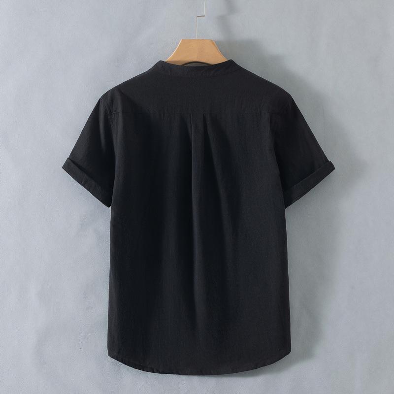 New Stand-up Collar Short-sleeved Cotton and Linen Shirt Men's Fresh Solid Color Loose Shirt