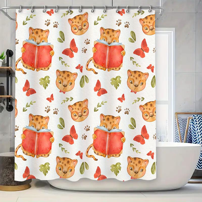 Bathroom Shower Curtain with Animal Reading Books Pattern Cute Cat Design Watercolor Fabric Print Home Decor Window Covering Wat 90x180cm