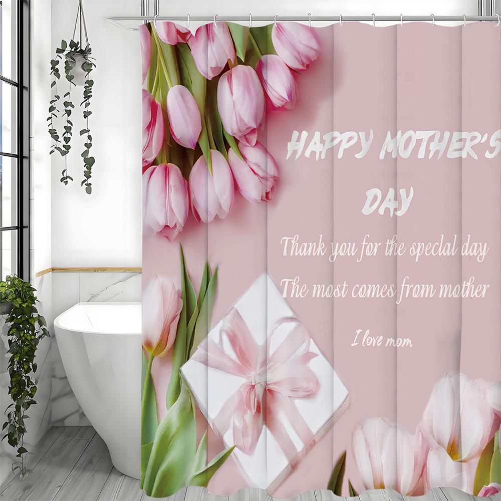 Happy Mother's Day Text Tulip Gift Shower Curtain, Bathroom Decorative Shower Curtain, Waterproof Shower Curtain with Hooks