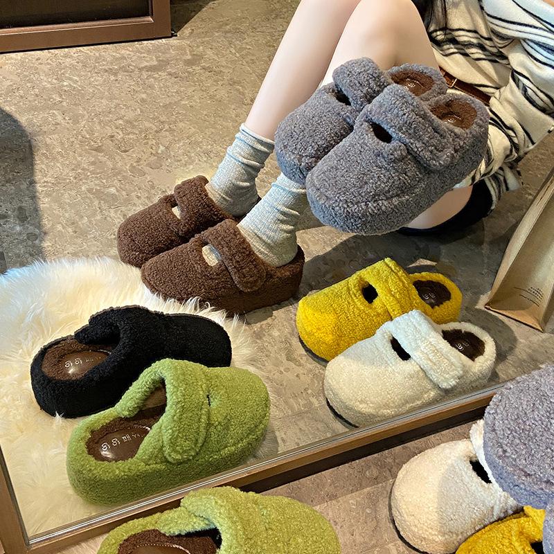 2025 autumn and winter new 7 cm thick-bottomed versatile bag head half-towed fluffy slippers women's velvet warm and comfortable cotton slippers