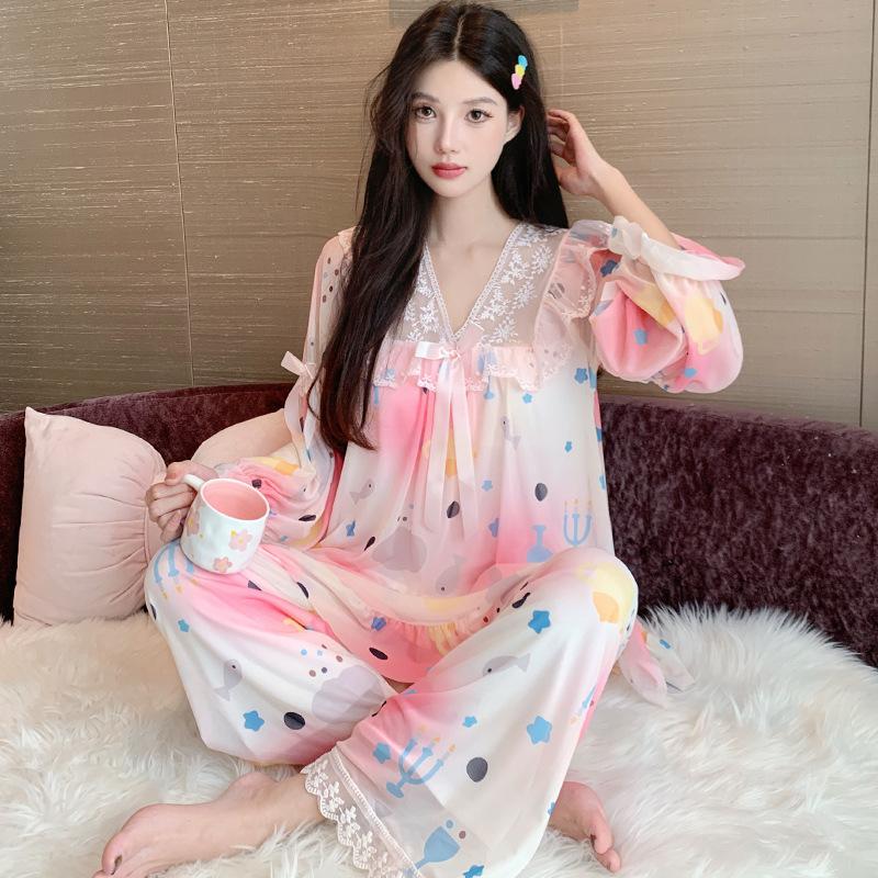 Linglei Long-Sleeved Pajamas Women'S Mesh Yarn Sweet Lace Princess Wind Trousers Set Loungewear