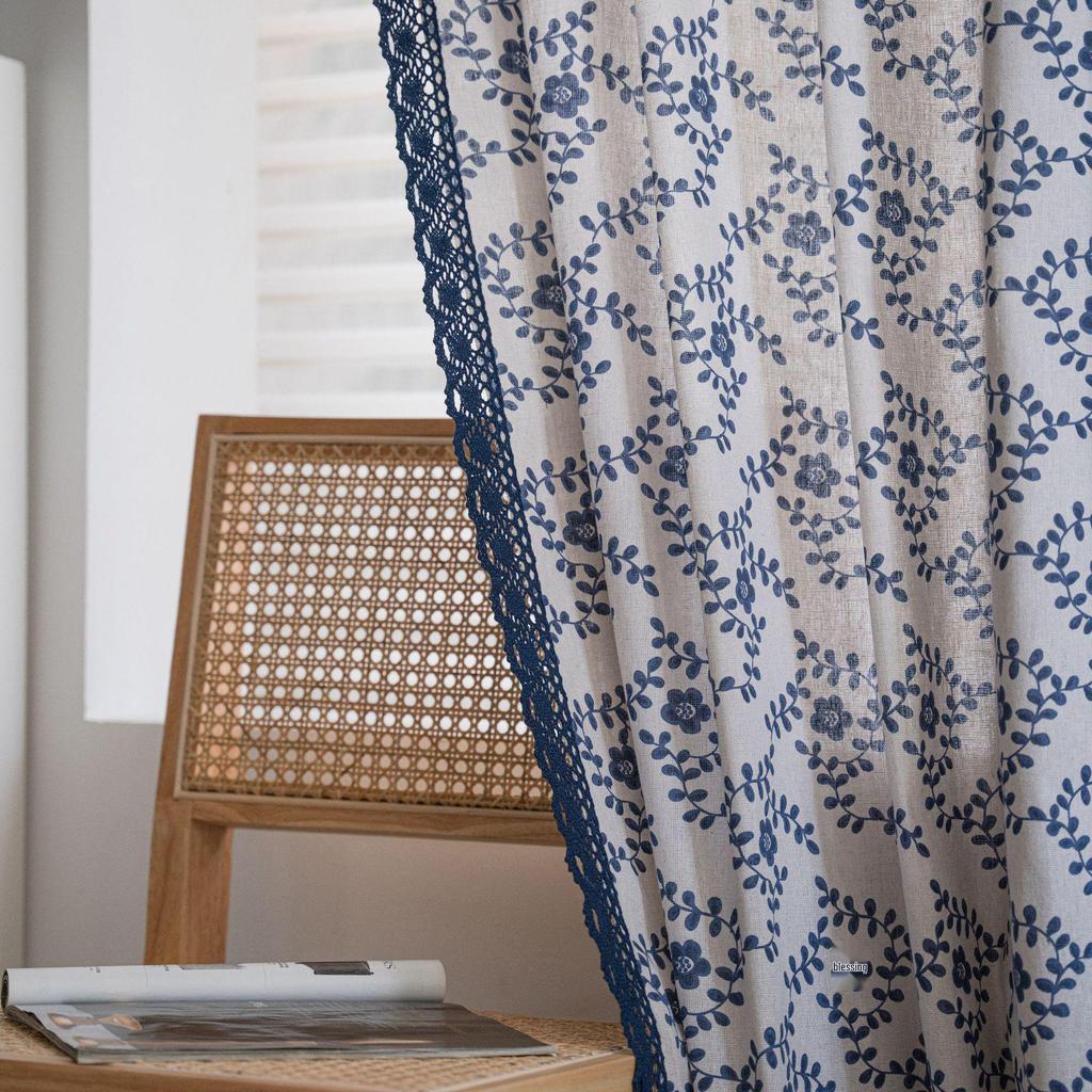 Yimanqiyun Blue Plum Blossom Print Semi-Blackout Kitchen Curtain