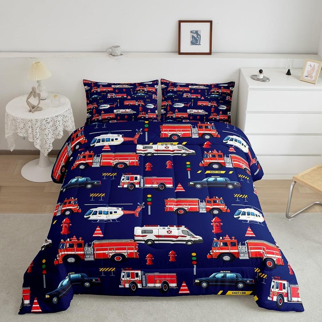 Children'S Fire Truck Bedding Set Single Police Car Truck Bedding Motorcycle And Airplane Bedding Set For Boys And Teenagers