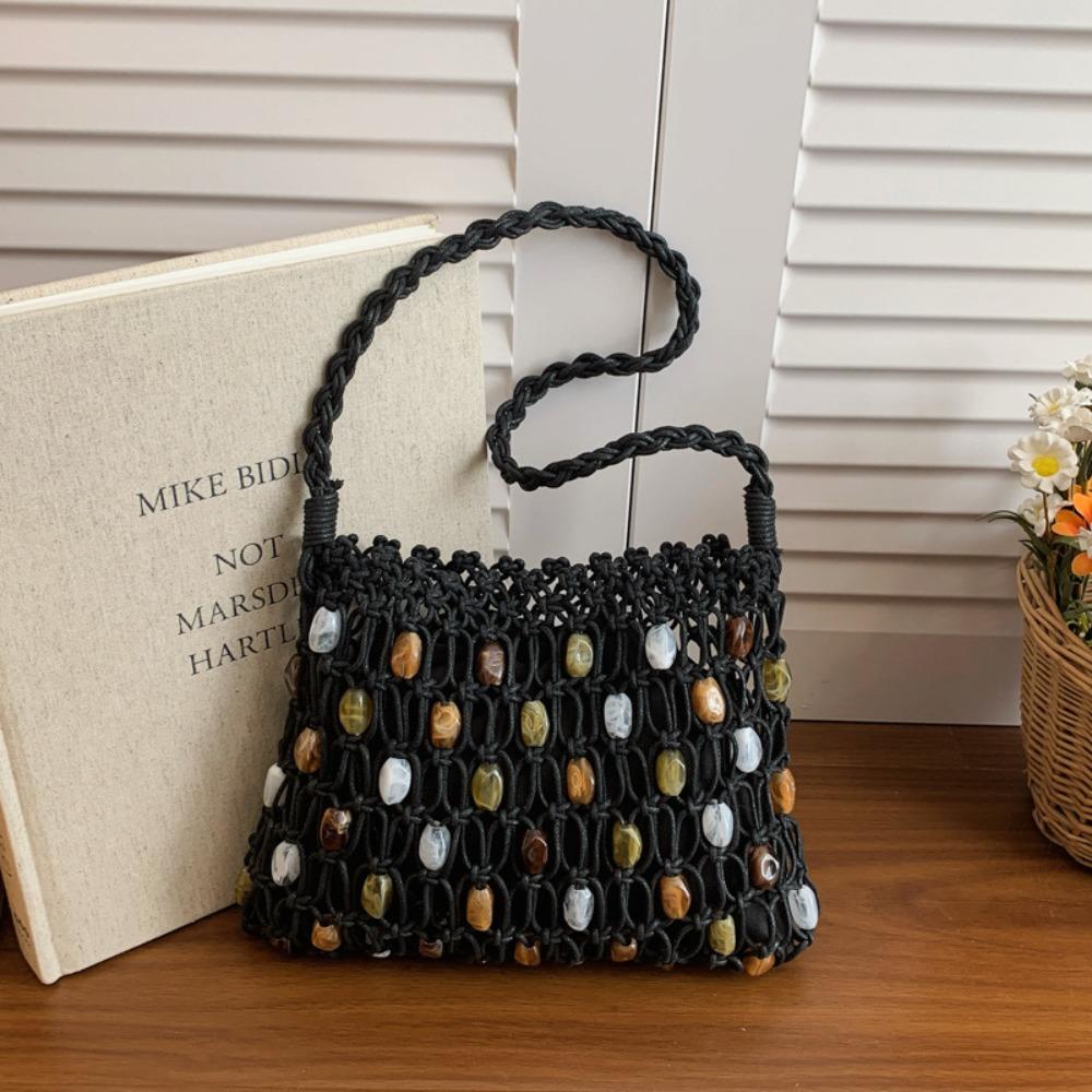 

Korean Style Beaded Woven Bag Wax Rope Ethnic Style Beads Weave Tote Bag Vacation Style Handmade Hollow Out Shoulder Bag Beach чёрный