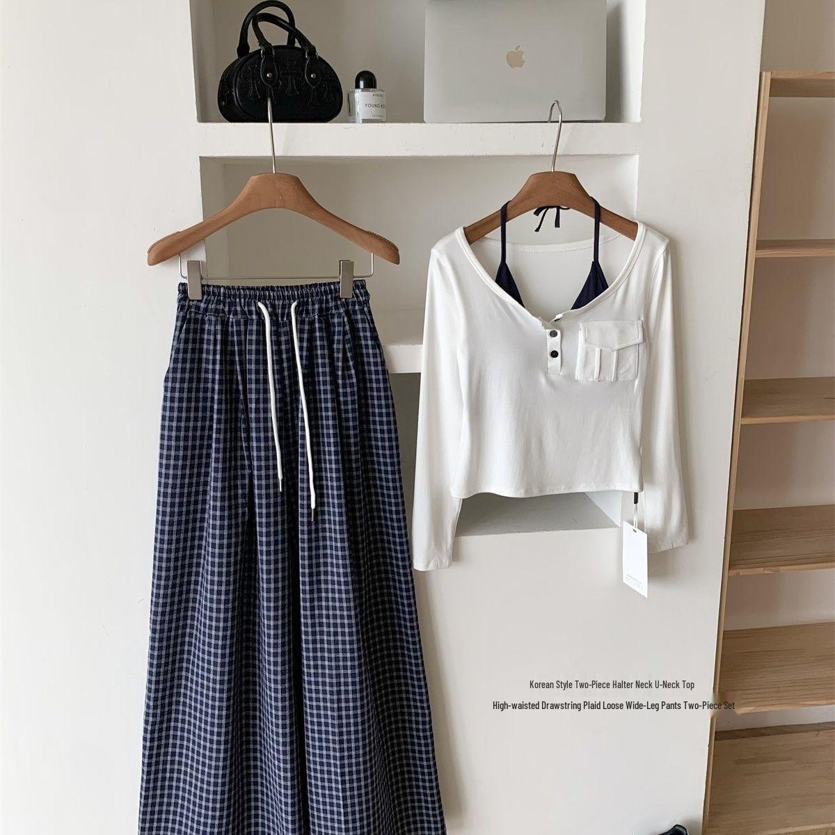 

Plaid Camisole & Wide-Leg Pants Set S
