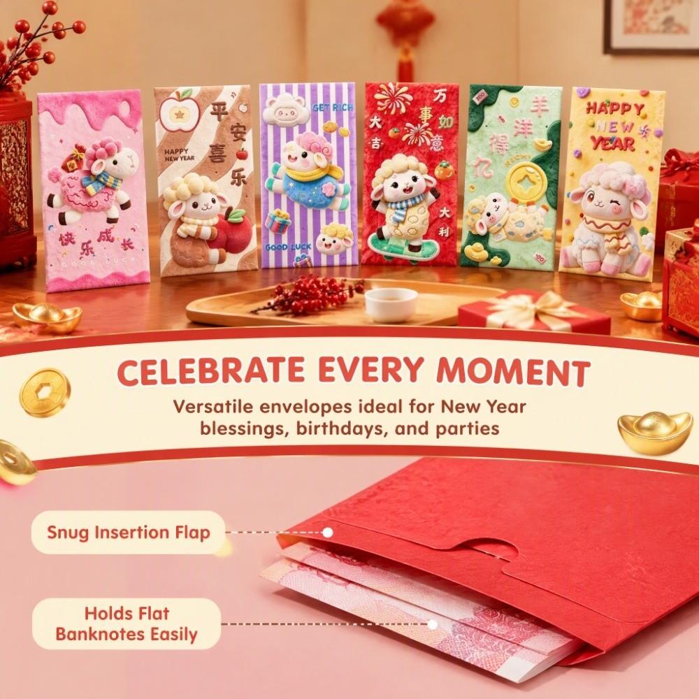 6pcs Cartoon Goat Year Money Envelope Blessing Words New Year Red Packet Spring Festival