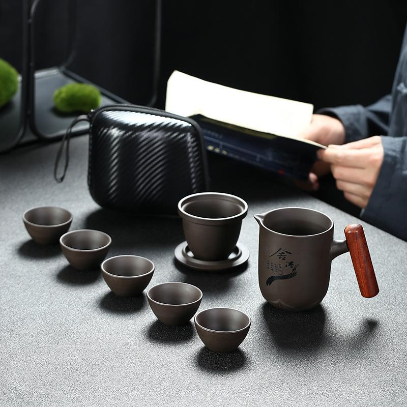 Purple Clay Concentric Travel Set Combination Portable Ceramic Teapot Kung Fu Quick Tea Cup Holiday Gift Wholesale