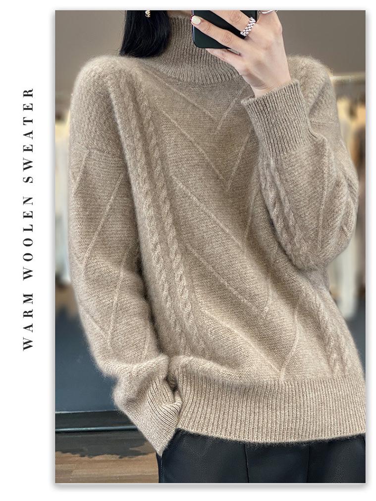 Women's 100% Wool Knitted Sweater - Autumn/Winter, Thick, Semi-High Neck, Lazy Style
