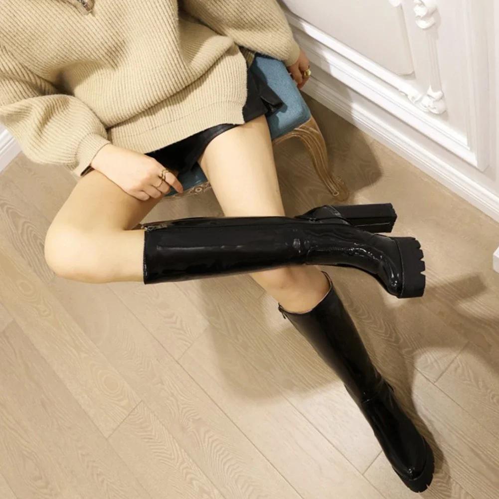 Female Motorcycle Boots Platform Chunky Heel Knee High Med Calf Boots 2024 New Arrivals Platform Chunky Heel Lace Up Red Black