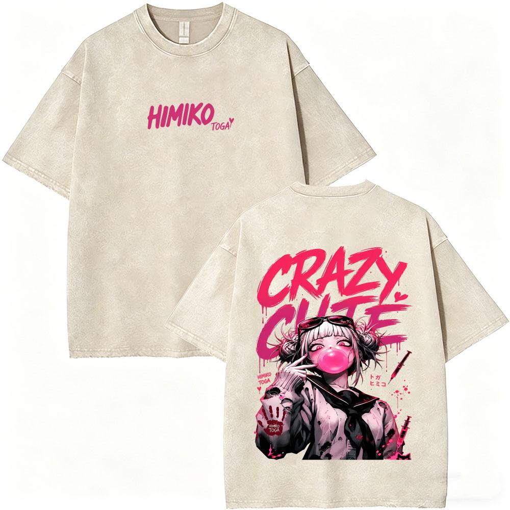 Washed Vintage Anime My Hero Academia Himiko Toga Graphic T-shirt ga Casual T-shirts Unisex Y2k Oversized T Shirts