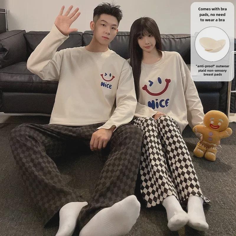 Women's & Men's Cartoon Pajama Set with Chest Pads – Korean Style Long-Sleeve Home Wear for Autumn & Winter