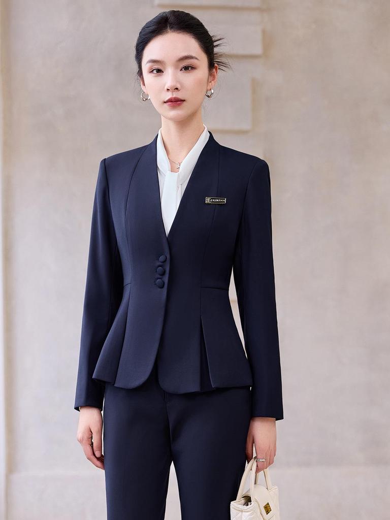 Elegant Collarless Women's Suit Set for Hotel Manager & Receptionist Spring/Autumn Workwear