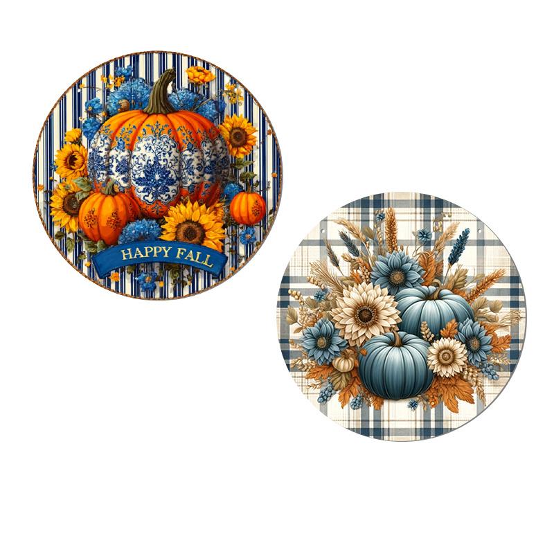 1Pc/2Pcs 2D Flat Aluminium Round Sign, Happy Fall Blue White Porcelain Pumpkin Sunflower Floral Metal Wall Art, Elegant Autumn Harvest Thanksgiving