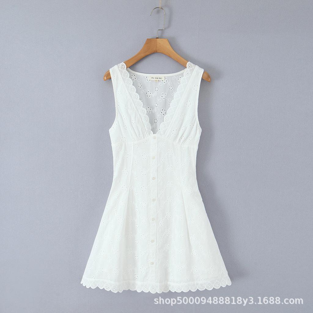 French retro sexy V-neck lace embroidered dress women's summer new waist and thin sleeveless vest short skirt
