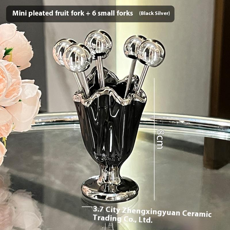 6Pcs New Stainless Steel Fruit Forks Set INS Ceramic Jar Dessert Forks with Holder Light Luxury Home Decoration