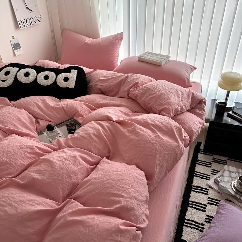 Washed Cotton Bed Linen Bedding Set 3/4 Pieces Bed Sheets Set Solid Color Comforter Cover Couple Queen King Size Bed Quilt Cover