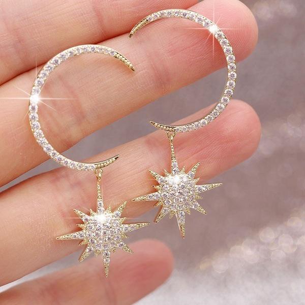Women's 925 Silver Plated Moon Earrings with Cubic Zirconia and Sparkling Octagonal Star Pendant - Elegant Fashion Jewelry for W