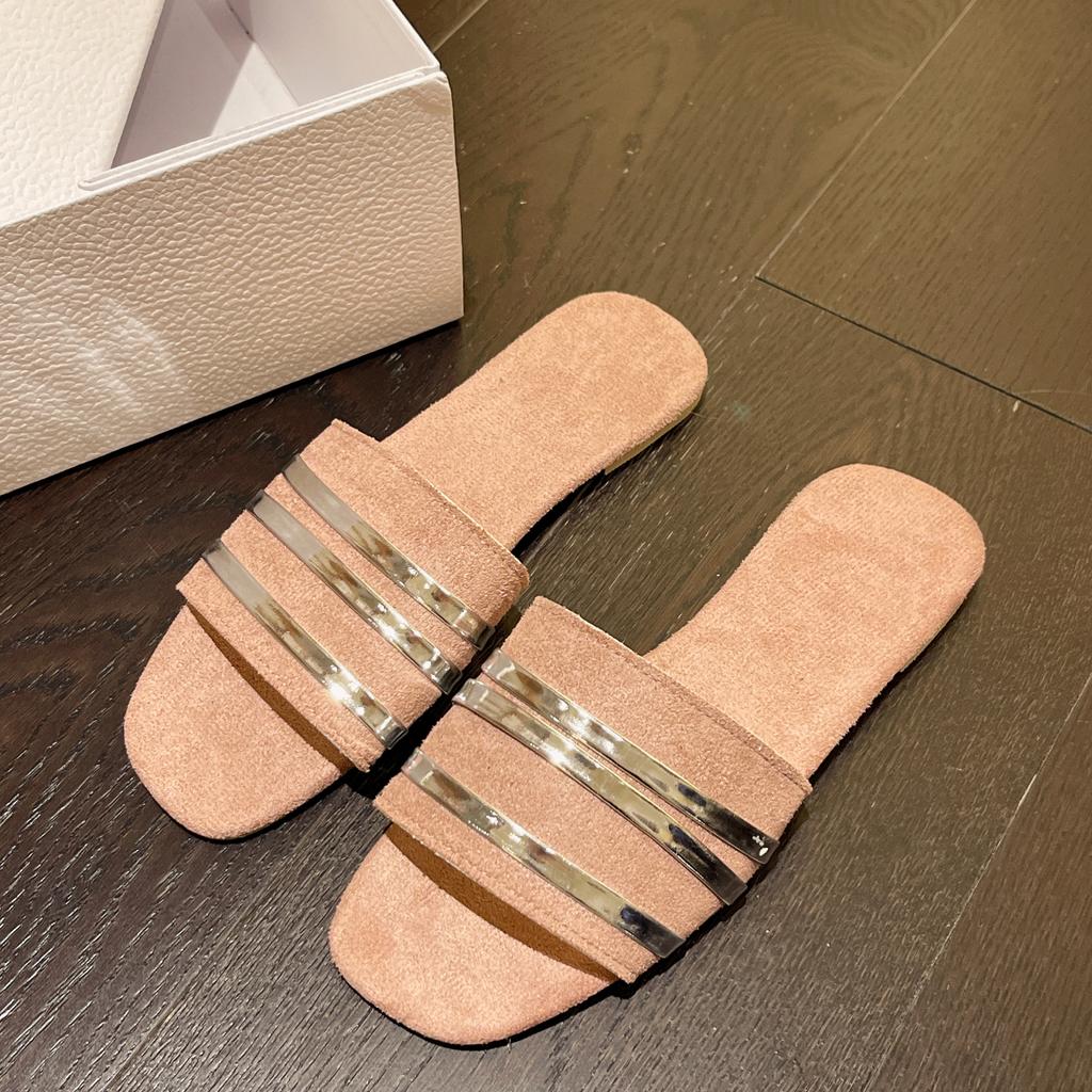 Mode 2024 Damen Hausschuhe Neue Metallgestreifte Sommer Flache Schuhe Mode Slipper Outdoor Damen Lässige Damensandalen Übergröße 43