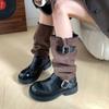 Luxury Splicing Mid Calf Boots Women Fashion Belt Buckle Design Faux Suede Boots Lightweight Non-Slip Round Toe Designer Shoes