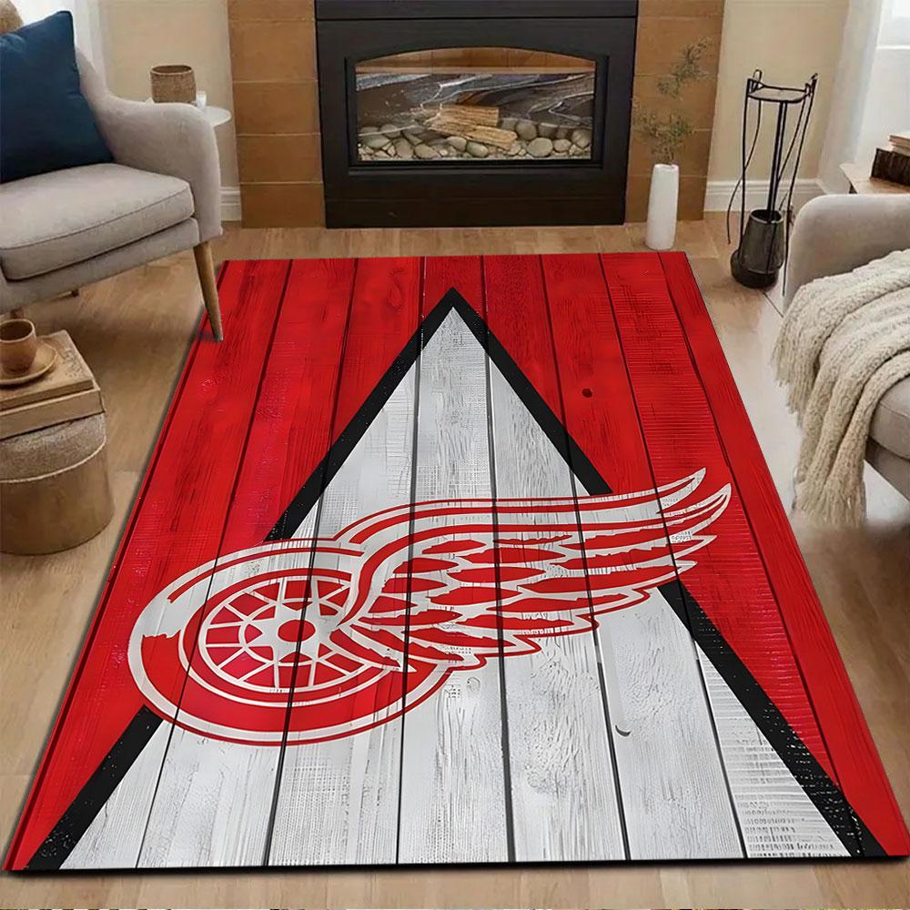 Red Wings Logo On Wooden Texture Patterned Carpet, Non Slip Mat Suitable for Living Room and Bedroom Sofas